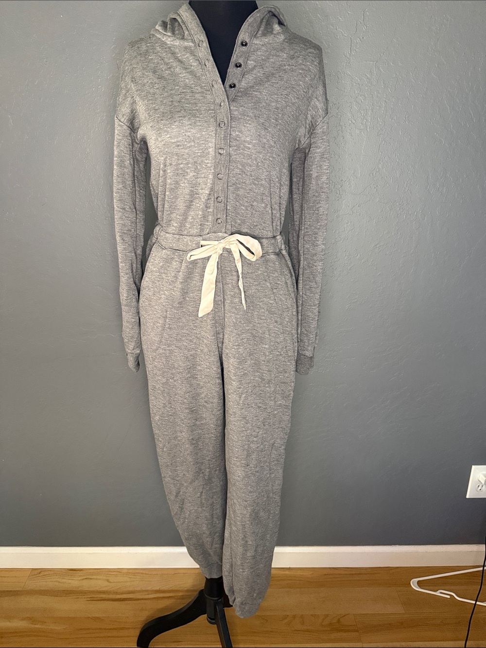 UpWest Heather Gray Hooded Snap-Front Women's Jumpsuit with Cream Tie